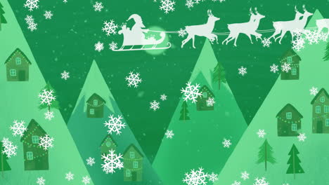 Animation-Von-Schneeflocken-Und-Dem-Weihnachtsmann,-Der-Mit-Rentieren-Auf-Einem-Schlitten-über-Häuser-In-Den-Bergen-Fährt