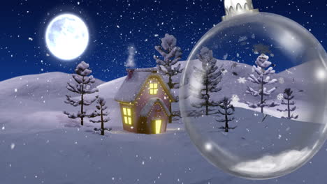 Animation-of-winter-scenery-with-snow-globe-and-house-over-snow-falling-background