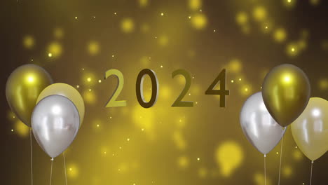 Animation-of-2024-text,-gold-and-silver-balloons-on-gold-background