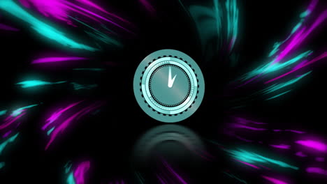 Animation-of-digital-clock-with-multicolored-air-pattern-against-black-background