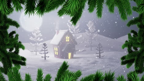 Animation-Einer-Winterlandschaft-Und-über-Schnee,-Der-Auf-Den-Hintergrund-Eines-Tannenzweigs-Fällt