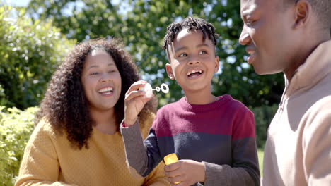 Glückliche-Afroamerikanische-Mutter-Und-Vater-Mit-Sohn,-Der-Im-Sonnigen-Garten-Seifenblasen-Bläst