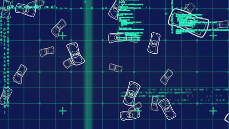 Animation-of-falling-drawing-of-dollar-bills-and-computer-language-over-abstract-background