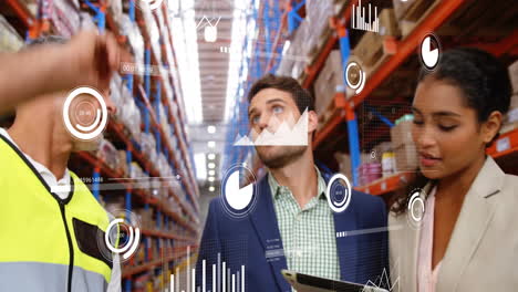 Animation-of-infographic-interface-over-diverse-colleagues-discussing-about-inventory-in-warehouse