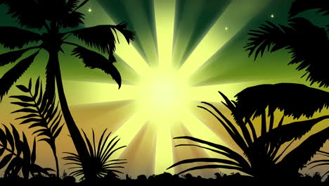 Animation-of-black-silhouette-of-tropical-landscape-over-sun-shining-on-green-background