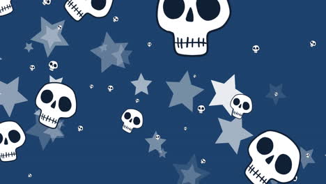 Animation-Von-Fallenden-Totenköpfen-Und-Mehreren-Sternen-Auf-Blauem-Hintergrund