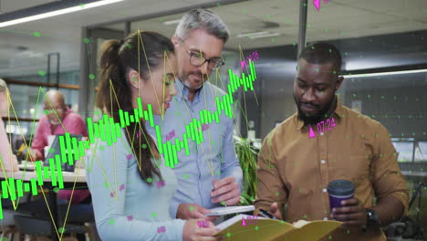 Animation-of-multiple-graphs-with-changing-numbers-over-diverse-coworkers-discussing-reports