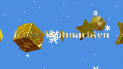 Animation-of-frohe-wihnachten-text-over-christmas-presents-on-blue-background