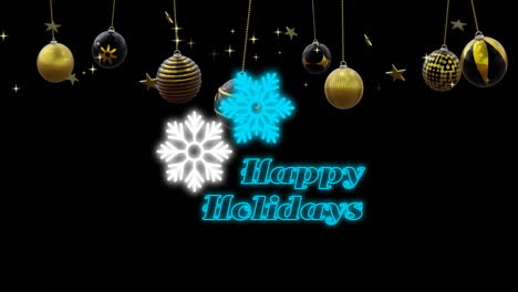 Animation-of-happy-holidays-text-with-snowflakes-and-baubles-hanging-on-black-background