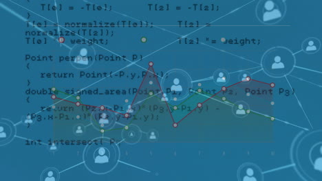 Animation-of-connected-icons,-graph-and-computer-language-over-abstract-background