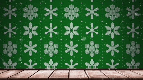 Animation-of-christmas-snow-flake-pattern-on-green-background