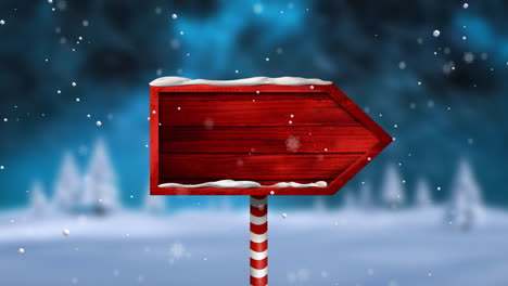 Animation-of-snow-falling-over-christmas-red-sign-and-copy-space-in-winter-scenery-background