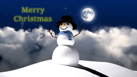 Animation-of-merry-christmas-text-over-snowman-and-full-moon-in-winter-background