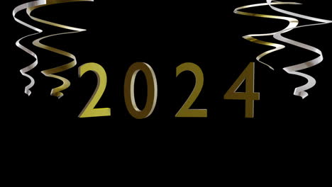 Animation-Des-Textes-2024,-Goldene-Und-Silberne-Luftschlangen-Auf-Schwarzem-Hintergrund