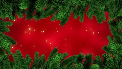 Animation-of-fir-tree-branches-with-glowing-lights-on-red-background