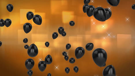 Animation-of-black-balloons-with-lens-flares-over-illuminated-squares-against-orange-background