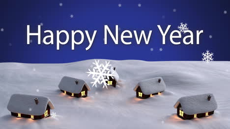 Animation-of-happy-new-year-text-over-snow-falling-and-winter-scenery-background