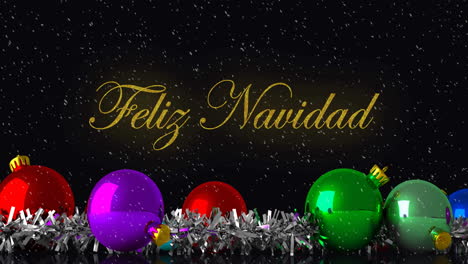 Animation-of-feliz-navidad-text-over-baubles-and-snow-falling-background