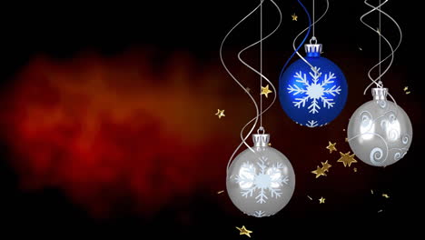 Animation-of-hanging-baubles-and-stars-with-abstract-pattern-over-black-background