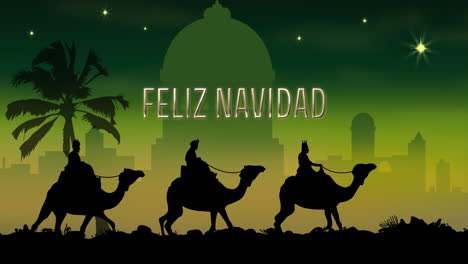 Animation-of-feliz-navidad-text-over-three-wise-men-on-green-background