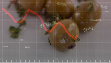 Animation-of-red-line-graph-representing-loss-and-numbers-moving-over-vegetables