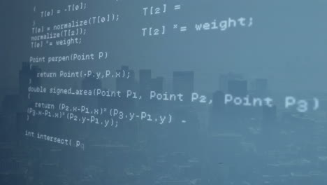 Animation-of-computer-language-on-screen-moving-against-modern-buildings