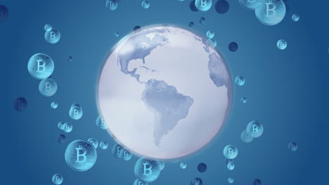Animation-Von-Herausspringenden-Bitcoins-über-Einem-Rotierenden-Globus-Vor-Blauem-Hintergrund