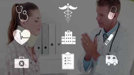 Animation-Digitaler-Symbole-über-Einem-Kaukasischen-Männlichen-Arzt-Mit-Einem-Patienten-Im-Krankenhaus