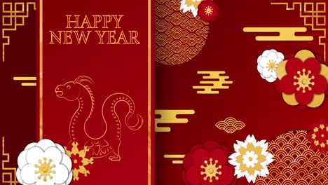 Animation-of-happy-new-year-text-with-dragon-sign-and-chinese-pattern-on-red-background