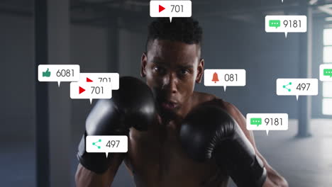 Animation-of-falling-notification-bars-over-african-american-boxer-practicing-punches