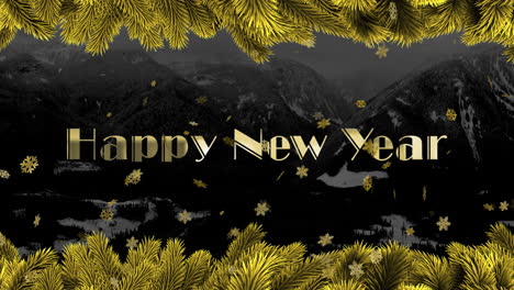 Animation-of-happy-new-year-text-over-stars-and-fir-tree-branches-on-black-background