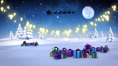 Animation-of-snowfall-over-lights,-gift-boxes-and-trees-on-snow-covered-land-against-moon-in-sky