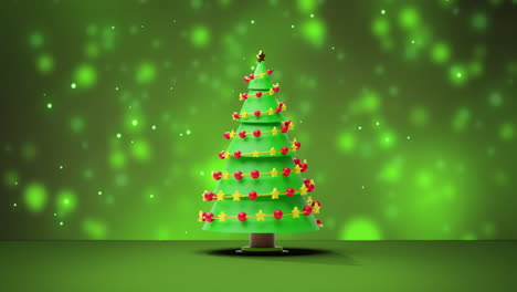 Animation-of-christmas-tree-over-snow-falling-on-green-background