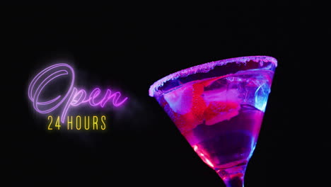 Animation-of-open-24-hours-neon-text-and-cocktail-on-black-background