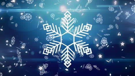 Animation-of-snowflake-over-snow-falling-on-blue-background