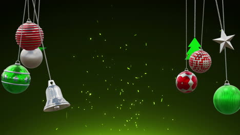Animation-of-christmas-baubles-and-snow-falling-on-green-background