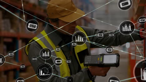 Animation-of-connected-icons-over-caucasian-worker-scanning-box-details-using-machine-in-warehouse