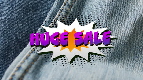 Animation-of-retro-huge-sale-text-over-denim-trousers-background