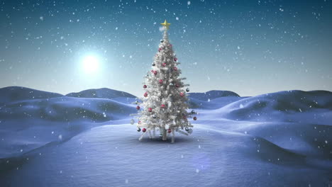 Animation-of-snowfall-over-decorated-christmas-trees-on-snow-covered-mountain-against-sky