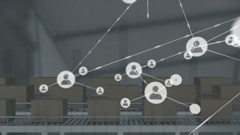 Animation-of-connected-icons,-cardboard-boxes-on-conveyor-belts-over-warehouse