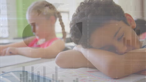 Animation-of-infographic-interface-over-tired-biracial-boy-sleeping-on-bench-in-classroom