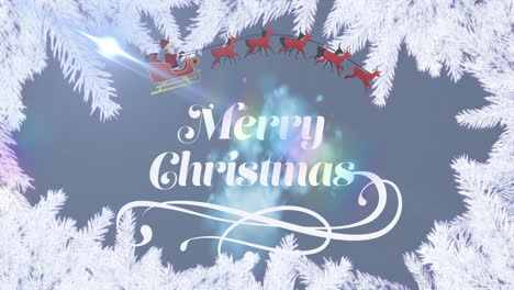 Animation-of-merry-christmas-text,-santa-riding-sleigh-with-reindeers-over-leaves