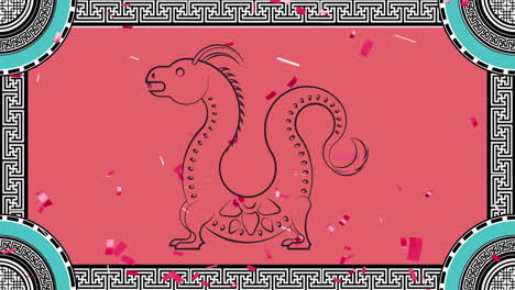 Animation-of-dragon-sign-and-chinese-pattern-on-red-background