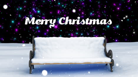 Animation-of-merry-christmas-text-and-bench-in-snow-background
