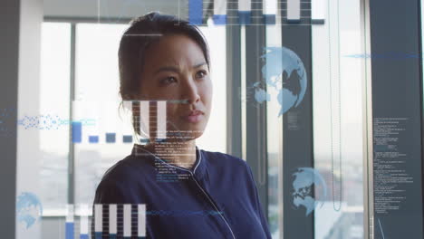 Animation-of-graphs,-globes-and-computer-language-over-thoughtful-asian-woman-in-office