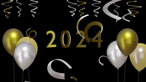 Animation-of-2024-text,-gold-and-silver-streamers,-balloons-on-black-background