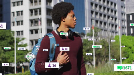 Animation-of-changing-numbers,-icons-over-biracial-man-standing-and-looking-at-smartwatch