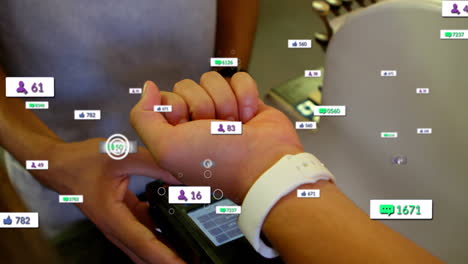 Animation-of-notification-bars-over-diverse-man-making-contactless-payment-using-smartwatch
