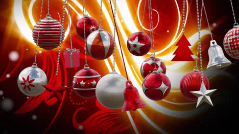 Animation-of-christmas-baubles-decorations-over-light-trails-background