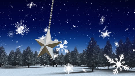 Animation-of-christmas-bauble-decoration-over-snow-falling-in-winter-scenery-background